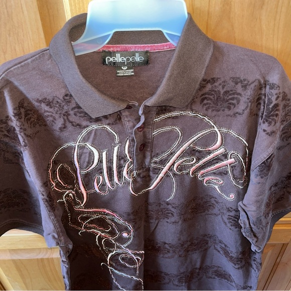 Vintage Pele Pelle BROWN velvet POLO shirt Marc Buchanan XL mens embroidered 3D - Picture 14 of 16